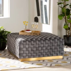 Noah Velvet Fabric Upholstered Square Cocktail Ottoman Gray/Gold - Baxton Studio -Furniture Specialty Store GUEST e7c5dea5 5ecc 4568 83f2 ab2d7be6ffa0