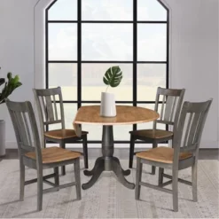5pc 42" Round Dual Drop Leaf Dining Table With 4 Splat Back Chairs Hickory/Washed Coal - International Concepts -Furniture Specialty Store GUEST ead7c95e 9567 4f67 95a6 5fa6dc301f0a
