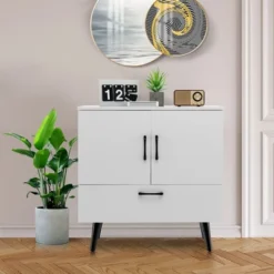 Costway Mid Century Storage Cabinet Accent Buffet Sideboard Entryway Kitchen White Brown -Furniture Specialty Store GUEST eb0e59b1 f4ab 4a8b ac18 c57d4dfc6853