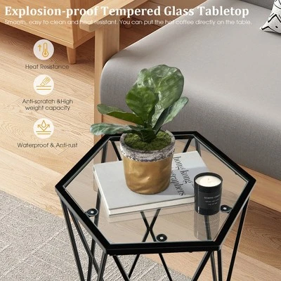 Costway End Table Tempered Glass Top Metal Frame Hexagonal Accent Side Table Living Room 7 Costway End Table Tempered Glass Top Metal Frame Hexagonal Accent Side Table Living Room - Image 5