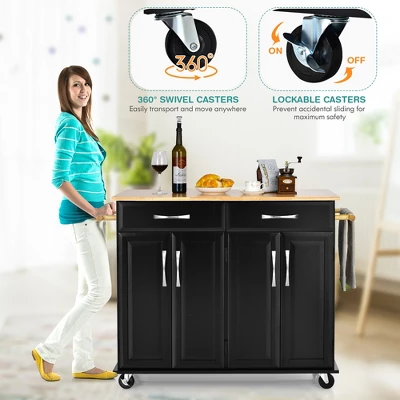 Costway 4-Door Rolling Kitchen Island Cart Buffet Cabinet W/ Towel Racks Drawers WhiteBlack 8 Costway 4-Door Rolling Kitchen Island Cart Buffet Cabinet W/ Towel Racks Drawers WhiteBlack - Image 6