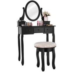 Costway Vanity Table Makeup Table Cushioned Mirror 5 Drawers Black -Furniture Specialty Store GUEST f5307e06 2e1e 40bc 9524 95db11aed3bc