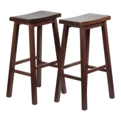 PJ Wood Classic Saddle Seat 29" Tall Kitchen Counter Stools For Homes, Dining Spaces, And Bars W/ Backless Seats & 4 Square Legs, Walnut (Set Of 10)
