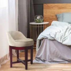 Bathroom Vanity Microfiber Swivel Chair With Solid Wood Legs Light Beige - Teamson Home