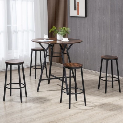 HOMCOM Industrial 5-Piece Bar Table And Chairs Set, Space Saving Dining Table With 4 Stools For Pub And Kitchen, Brown 3 HOMCOM Industrial 5-Piece Bar Table And Chairs Set, Space Saving Dining Table With 4 Stools For Pub And Kitchen, Brown