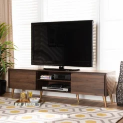 Landen Mid-Century Modern Wood TV Stand For TVs Up To 65" Walnut/Gold/Brown - Baxton Studio -Furniture Specialty Store GUEST f9393a71 1709 40cc b6b3 ccb3d046873e