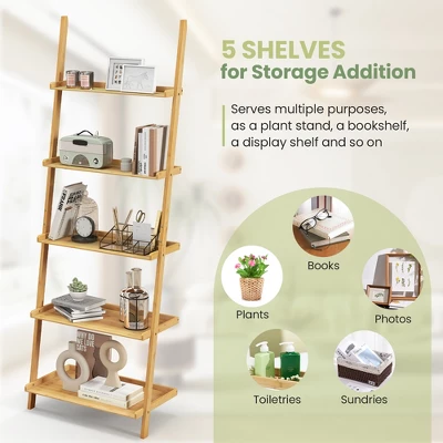 Costway 2 PCS 5-Tier Bamboo Ladder Shelf Wall-Leaning Display Bookcase Storage Rack 8 Costway 2 PCS 5-Tier Bamboo Ladder Shelf Wall-Leaning Display Bookcase Storage Rack - Image 6