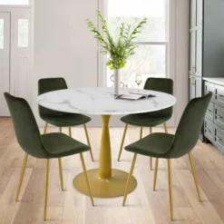 Harris+Bingo 5-Piece Round-Shaped Artificial Marble Dining Table Set With 4 Velvet Upholstered Chairs Gold Legs -Maison Boucle -Furniture Specialty Store GUEST fb700590 d4b6 4196 ba59 ec80899309d8