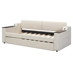 Twin Size Upholstery Daybed With Storage Arms, Trundle And USB Design, Beige - ModernLuxe 17 Twin Size Upholstery Daybed With Storage Arms, Trundle And USB Design, Beige - ModernLuxe -Furniture Specialty Store GUEST fe58adbe 0032 4f69 80c3 256c1285db28