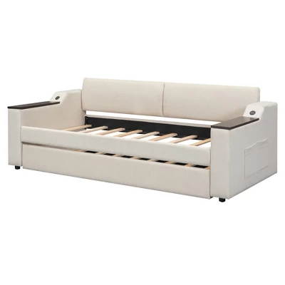Twin Size Upholstery Daybed With Storage Arms, Trundle And USB Design, Beige - ModernLuxe 8 Twin Size Upholstery Daybed With Storage Arms, Trundle And USB Design, Beige - ModernLuxe - Image 6