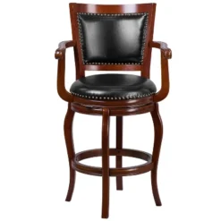 Merrick Lane 30" Cherry Wood Panel Back Bar Stool With Arms And Black Faux Leather Swivel Seat -Furniture Specialty Store GUEST ffd44bf7 b055 42a2 94a2 e1f397e682ad